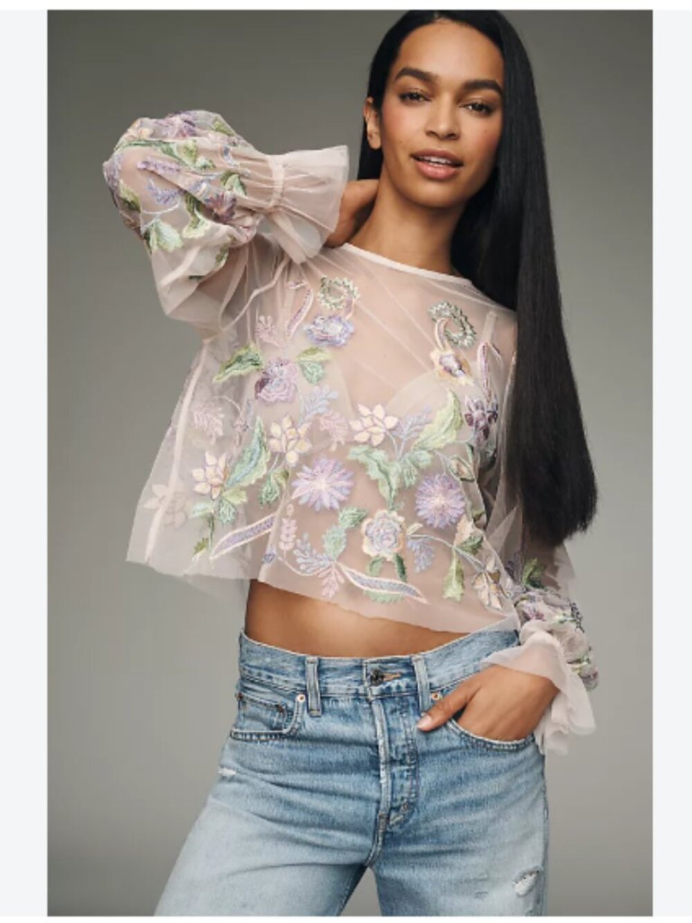 By Anthropologie Long-Sleeve Embroidered Mesh Top/Purple Floral -Size Small -NWT